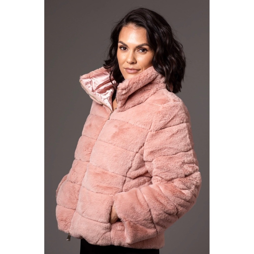 MY ANORAK Pink‎ Faux Fur Puffer Jacket High Neck Zip Front Women's XS